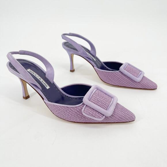 Manolo Blahnik Mayslibi Lilac Raffia Slingback Buckle Pointed Toe Heels IT 38.5 - Picture 2 of 12